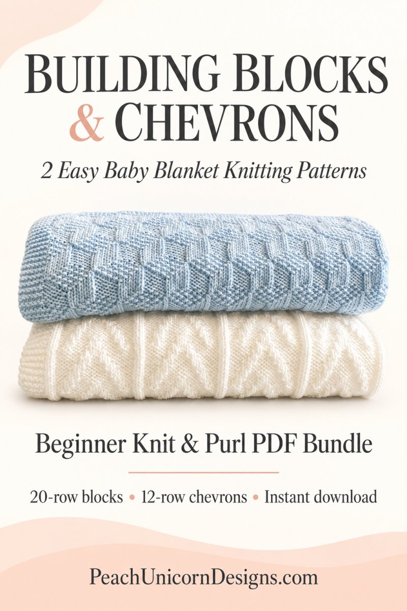 Pinterest graphic for the Building Blocks and Chevrons easy baby blanket knitting pattern bundle