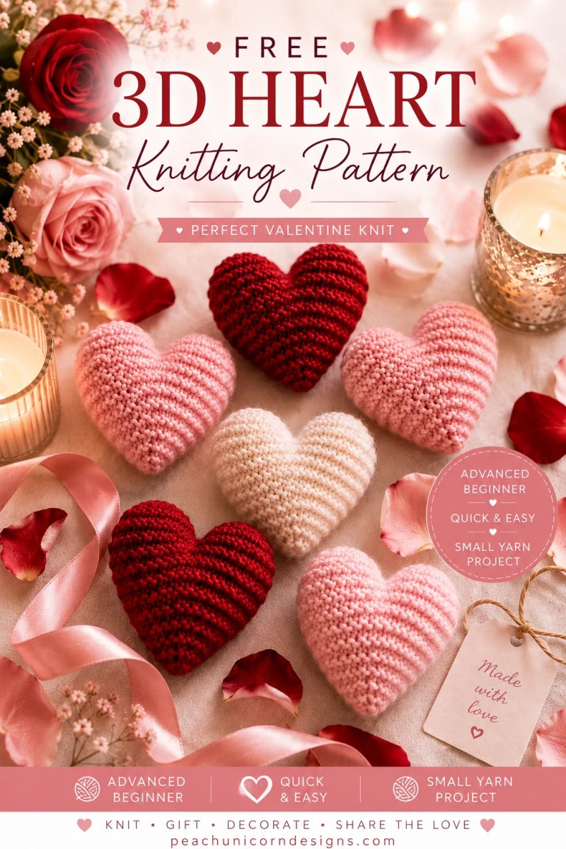 Free 3D heart knitting pattern with red and pink knitted hearts for Valentine’s Day
