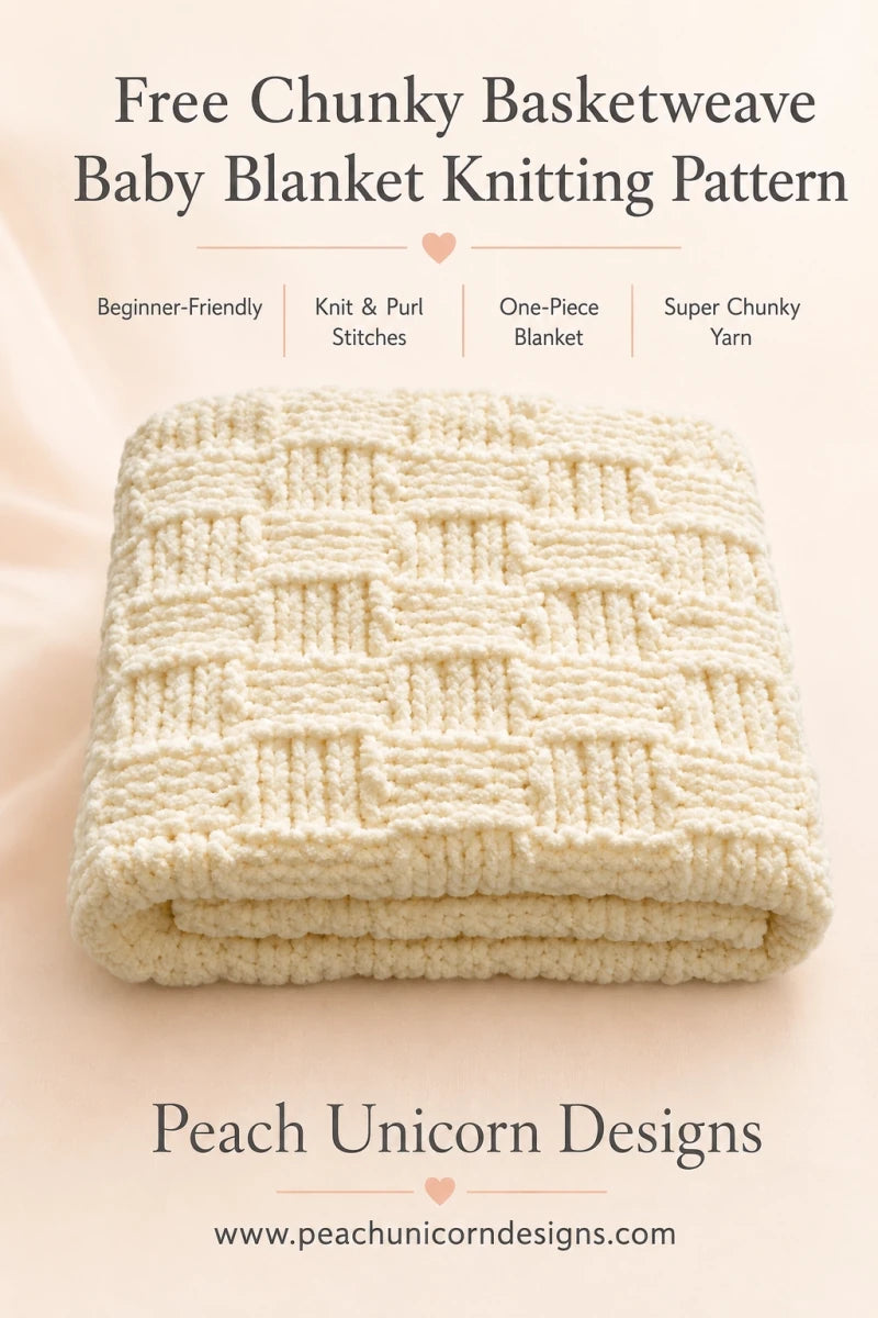 Free chunky basketweave baby blanket knitting pattern worked in cream Baby Super Chunky yarn, featuring a beginner-friendly one-piece knit and purl design by Peach Unicorn Designs.