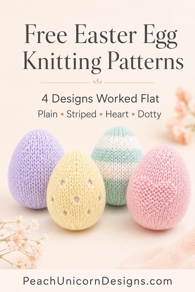Four pastel knitted Easter eggs showing Plain, Striped, Heart and Dotty designs from a free worked-flat knitting pattern.