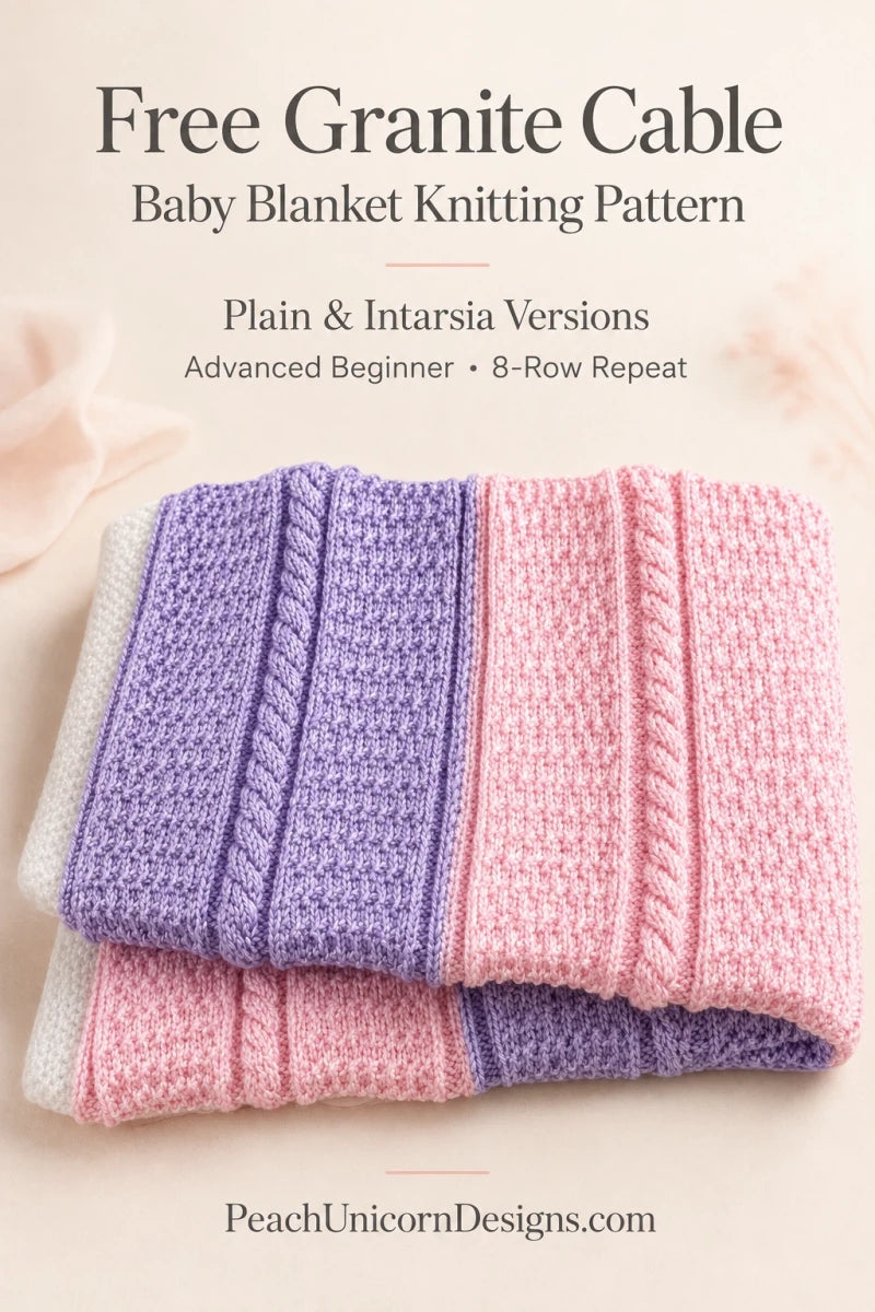 Pinterest image for a free lilac and pink baby blanket knitting pattern with cable and textured stitches, folded handmade blanket in soft pastel nursery styling, ideal first intarsia and cable blanket pattern for advanced beginners by Peach Unicorn Designs