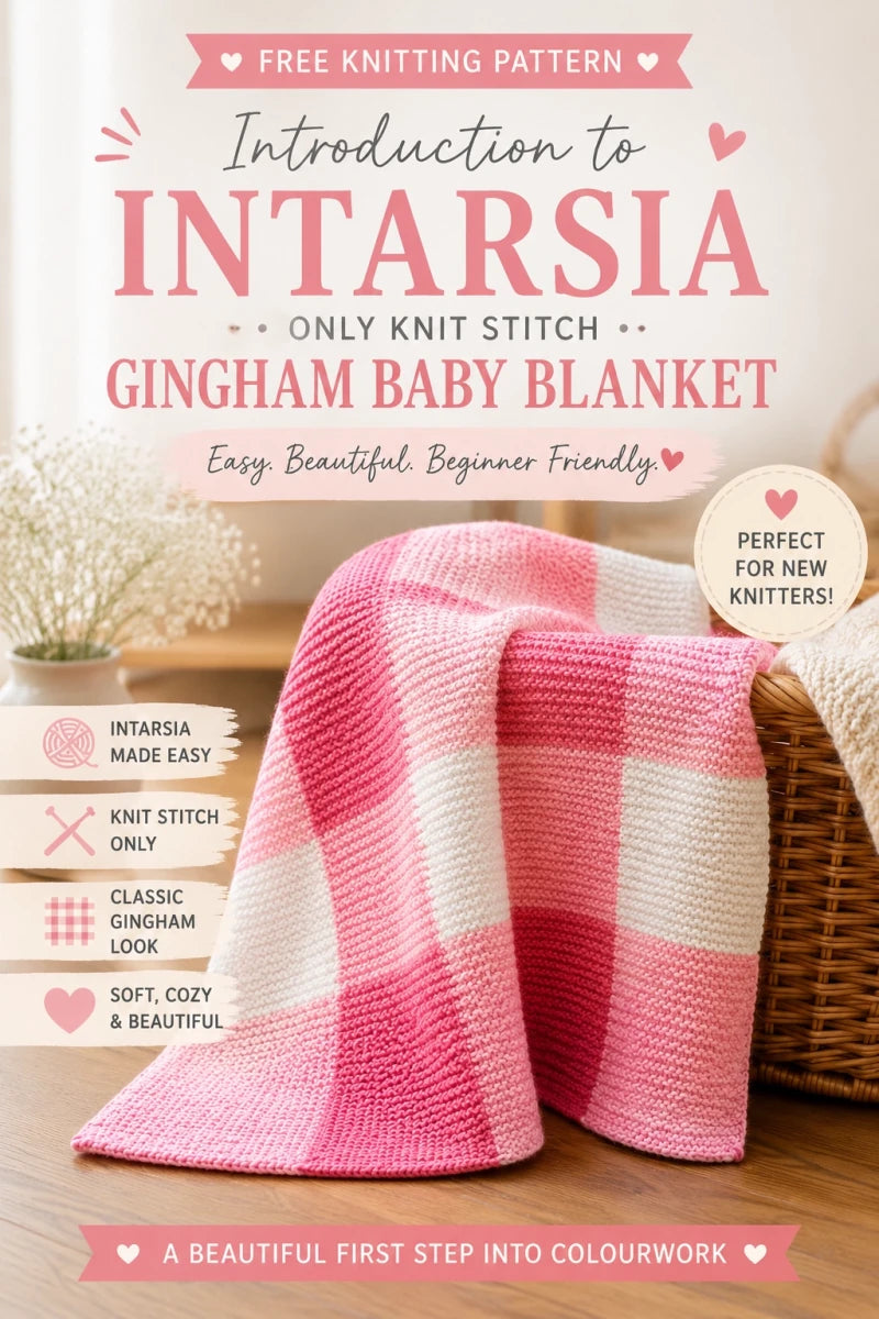 Free beginner-friendly intarsia knitting pattern featuring a pink and white gingham baby blanket worked entirely in knit stitch