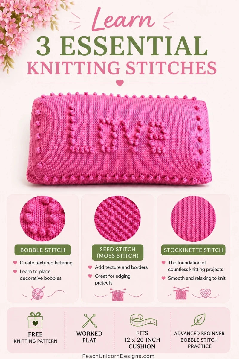Pink knitted pillow with 'love' text with bobble stitches, surrounded by close ups of knitting stitches and text about learning essential knitting stitches.