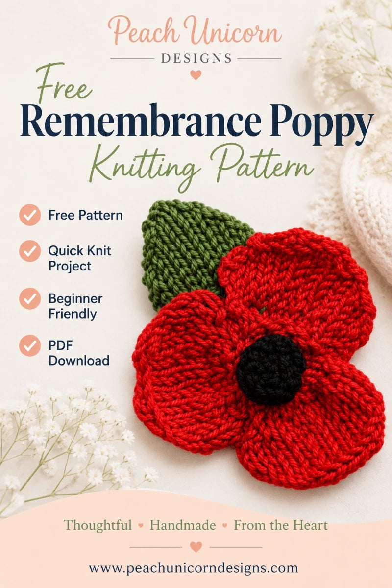 Free remembrance poppy knitting pattern Pinterest graphic showing beginner friendly knitted poppy design