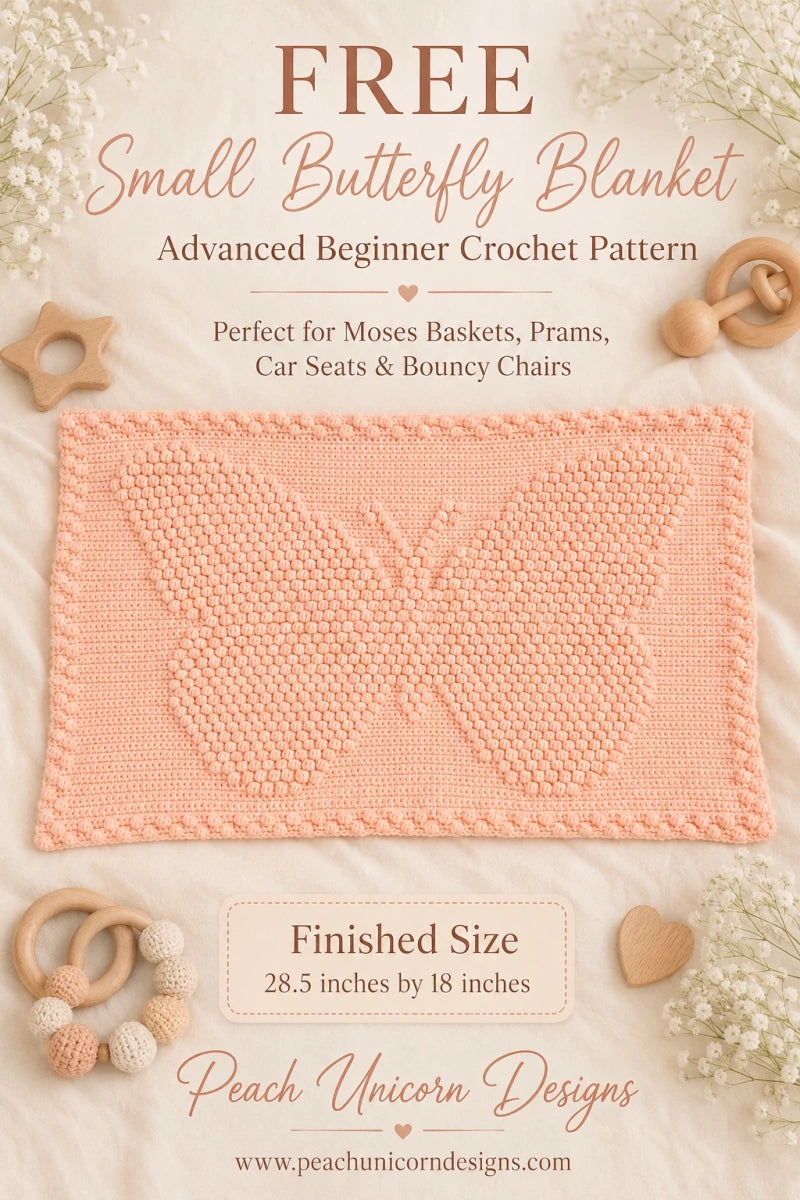 Free small butterfly blanket crochet pattern for Moses baskets, prams and car seats by Peach Unicorn Designs