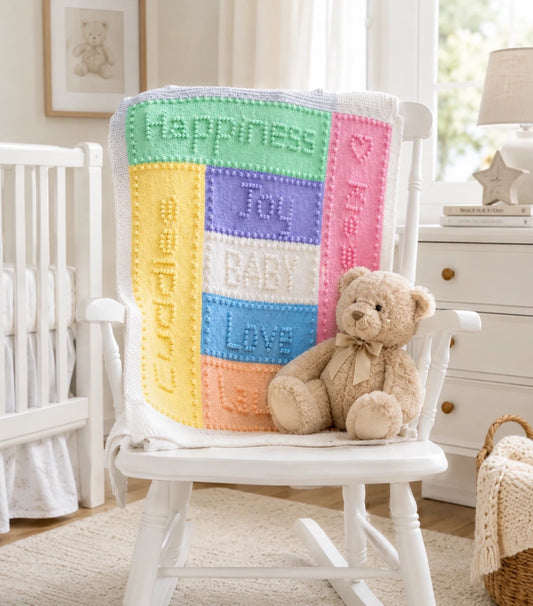 Joy baby blanket knitting pattern draped over a white nursery rocking chair with a teddy bear in a softly lit nursery