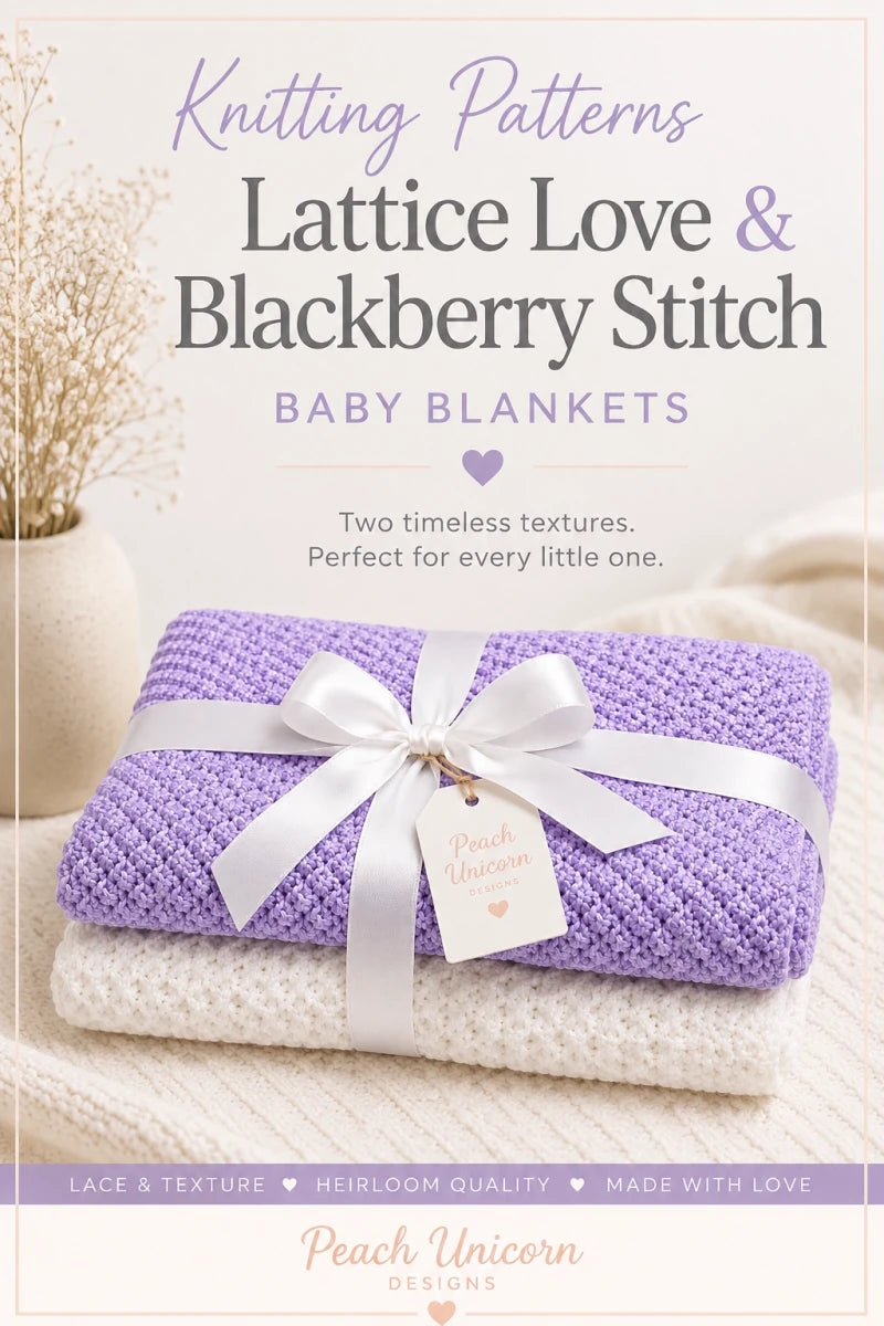 Pinterest image for the Lattice Love lace and Blackberry Stitch baby blanket knitting pattern bundle with gift wrapped lilac and white blankets
