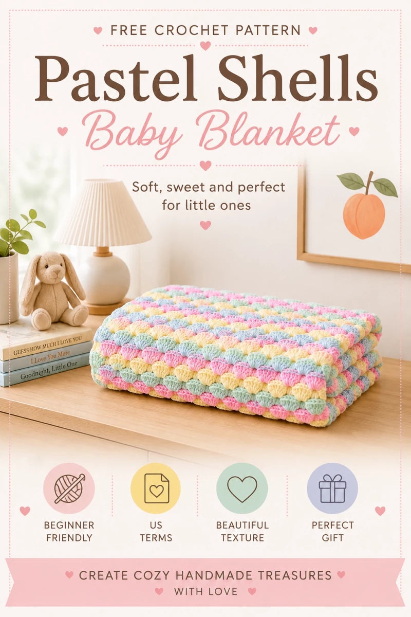 Pastel Shells baby blanket free crochet pattern folded in a cosy nursery scene with pastel shell stitch texture in pink blue peach green and yellow colours using US crochet terms