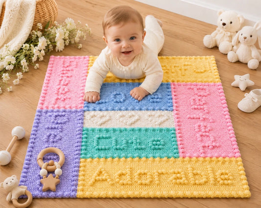 Baby enjoying tummy time on the Precious Motifs Baby Blanket crochet pattern with soft nursery styling and wooden baby toys.
