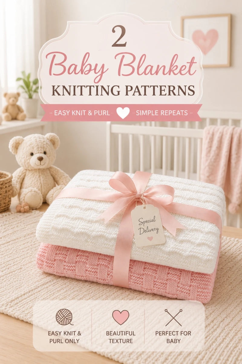 Gift wrapped white and pink baby blanket knitting pattern bundle with pastel ribbon and Special Delivery gift tag on a white background