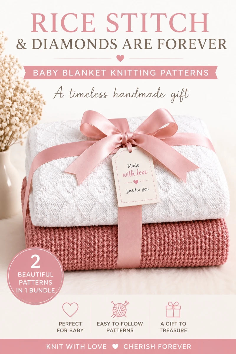 White Diamonds Are Forever and pink Rice Stitch baby blanket knitting pattern bundle neatly folded in a soft gift wrapped stacked display, pinterest image.