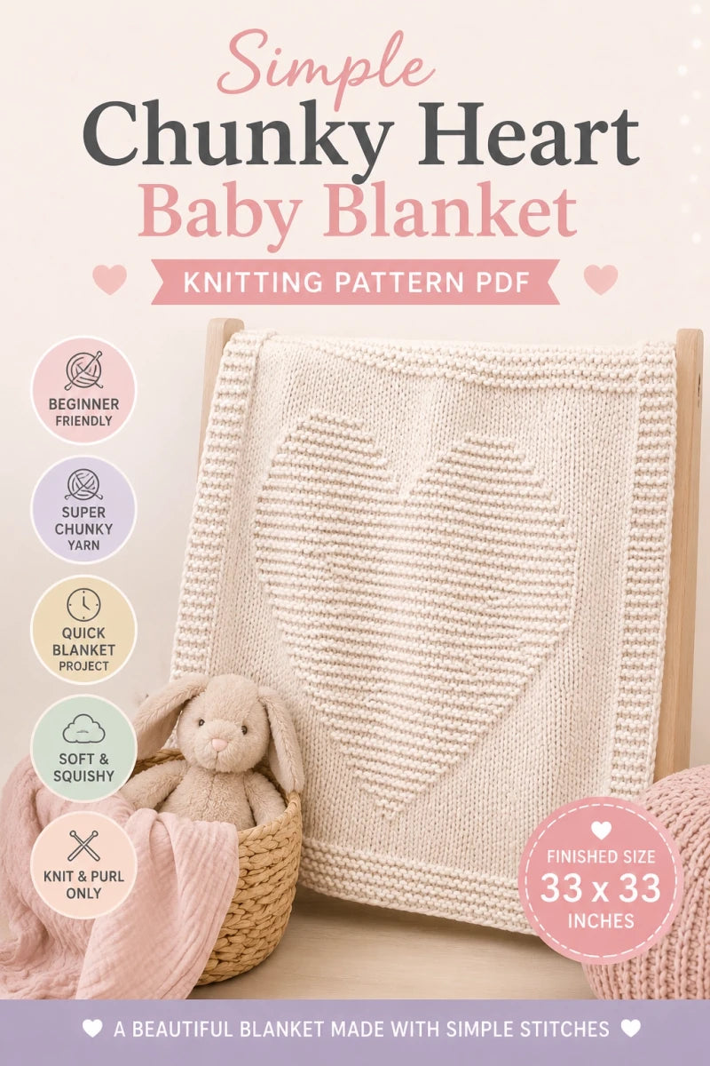 Simple Chunky Heart Baby Blanket Knitting Pattern PDF featuring a beginner-friendly super chunky baby blanket with heart design, knit and purl stitches only