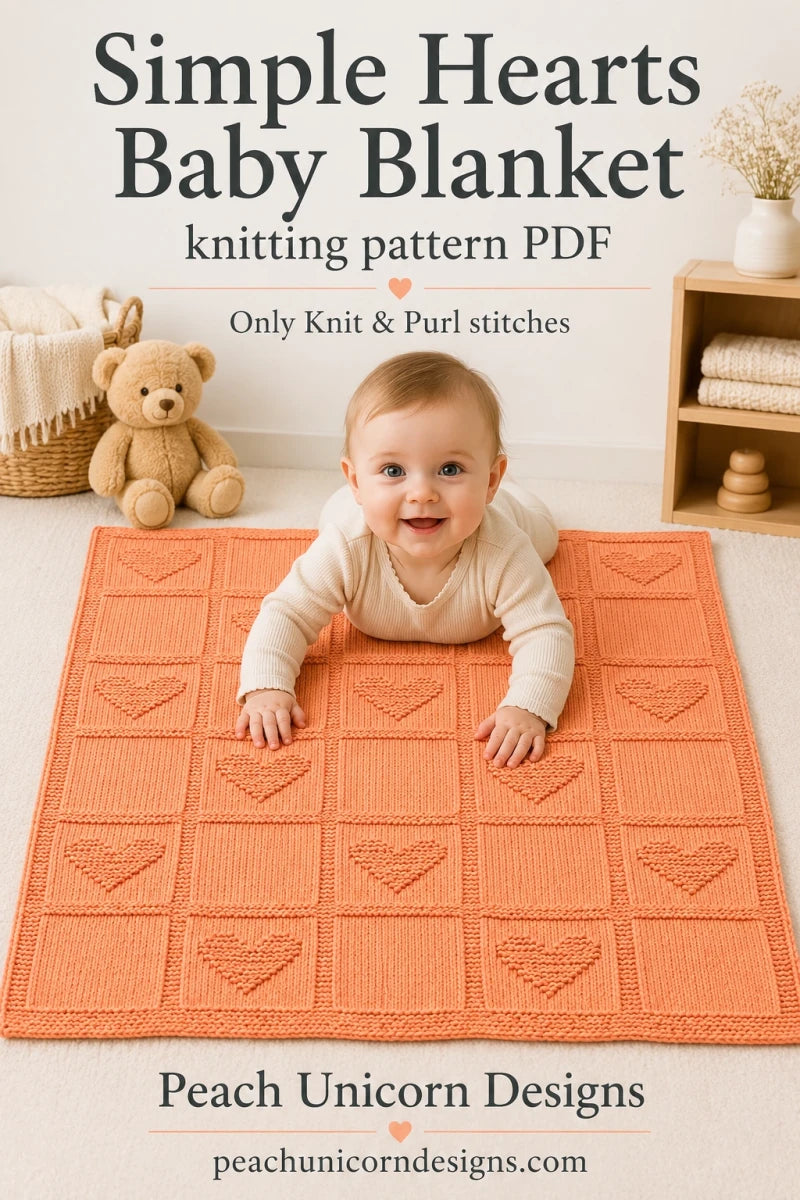 Simple Hearts Baby Blanket knitting pattern with baby having tummy time on a heart motif blanket made using knit and purl stitches only.