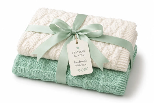 Gift wrapped Simple Triangles and Dazzling Diamonds baby blanket knitting pattern bundle tied with a pastel green ribbon and handmade with love tag
