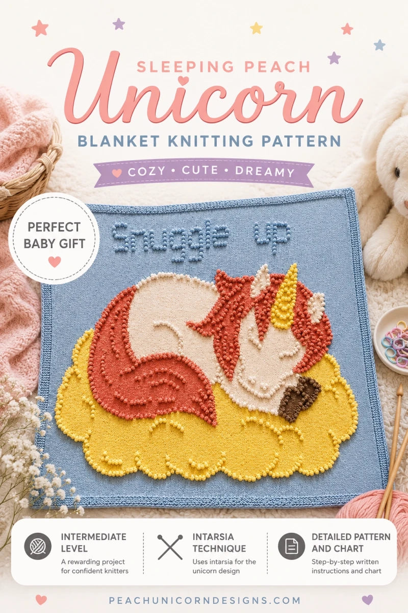 Knitting pattern for 'Sleeping Peach Unicorn' with a unicorn design and knitting tools,