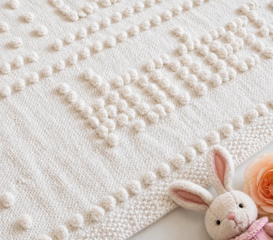 Detailed close-up of raised bobble stitch on the Sweet Dreams baby blanket knitting pattern showing soft texture and stitch definition.
