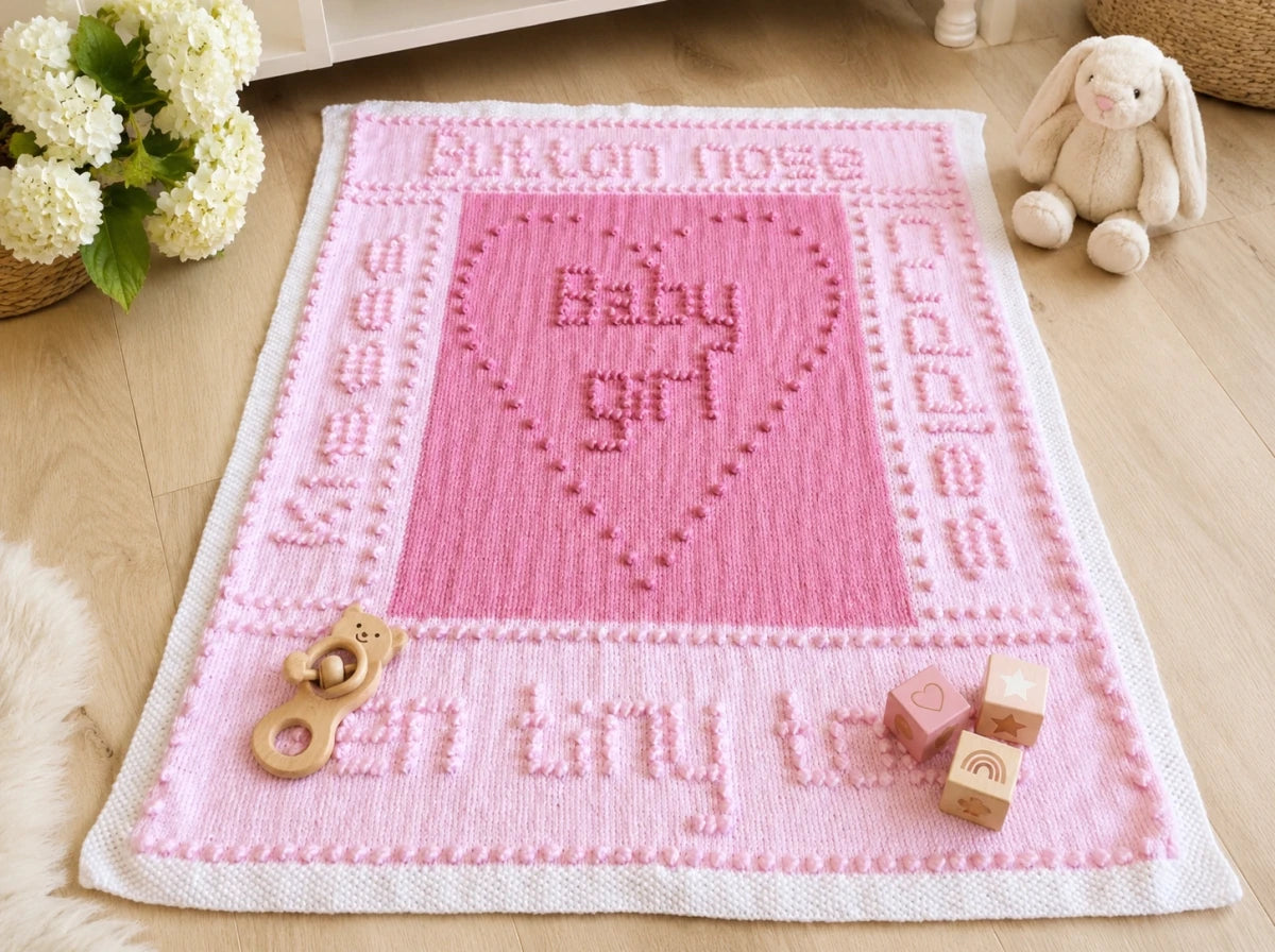 Ten Tiny Toes baby girl blanket knitting pattern displayed in a nursery with baby toys, bunny and white flowers