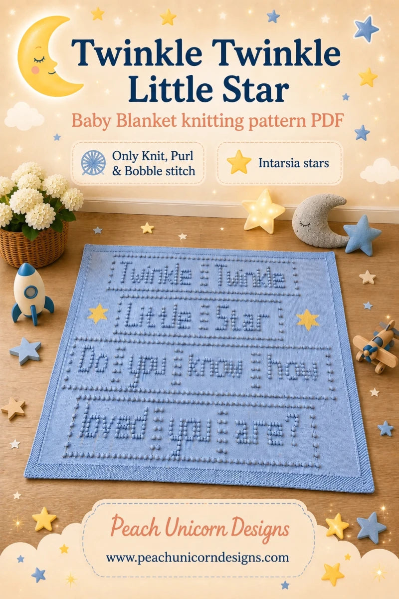 Twinkle Twinkle Little Star baby blanket knitting pattern PDF with bobble text and intarsia stars