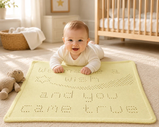 Baby enjoying tummy time on the We Made a Wish baby blanket knitting pattern in a nursery setting