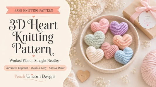 Free 3D heart knitting pattern with pastel knitted hearts, worked flat on straight needles