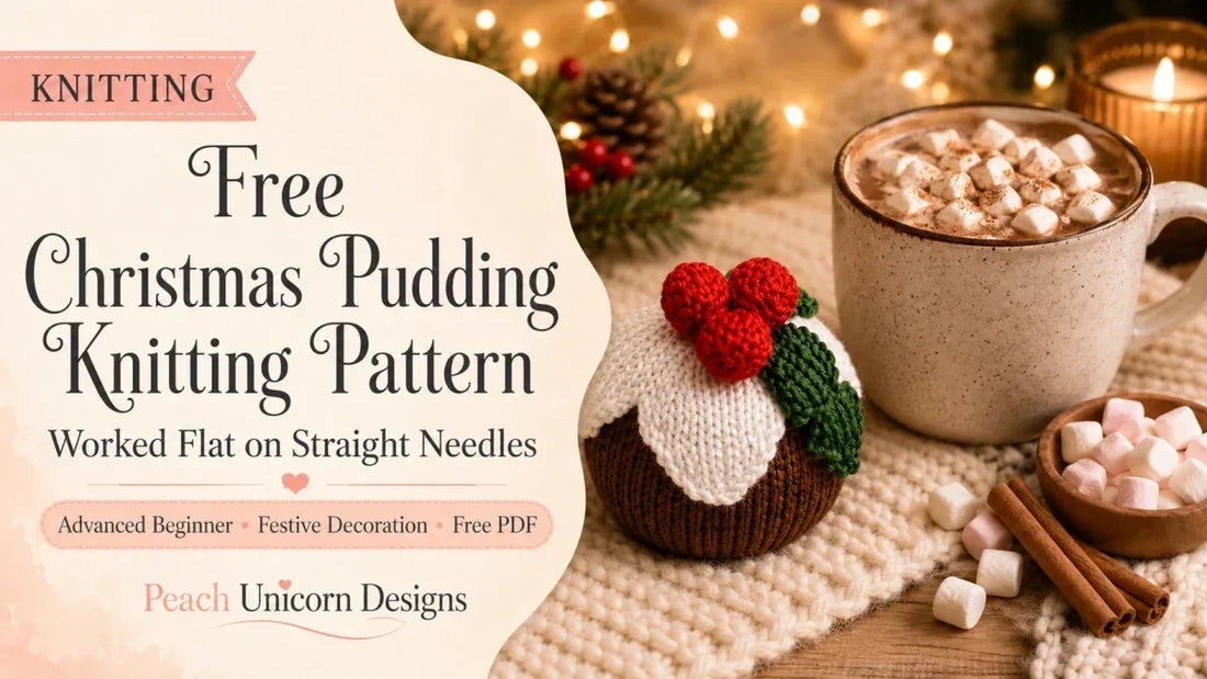 Free Christmas pudding knitting pattern worked flat on straight needles with festive hot chocolate scene