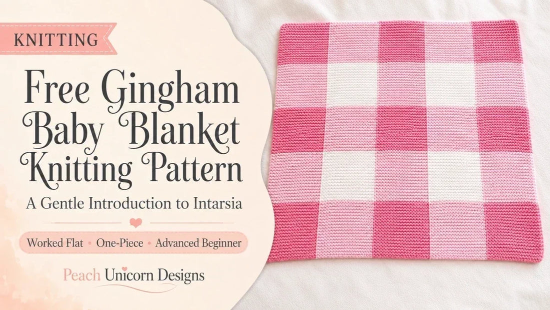 Free Gingham Baby Blanket knitting pattern featuring a pink and white one-piece Intarsia blanket worked flat