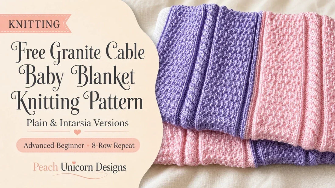 Free Granite Cable Baby Blanket knitting pattern in pink and soft lilac, featuring textured panels, raised cables and plain and Intarsia versions.