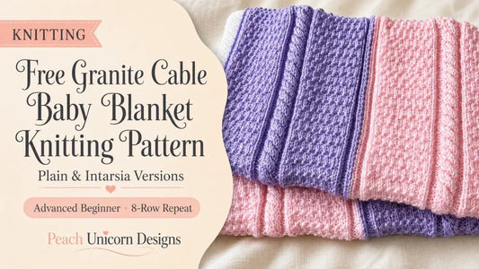 Free Granite Cable Baby Blanket knitting pattern in pink and soft lilac, featuring textured panels, raised cables and plain and Intarsia versions.