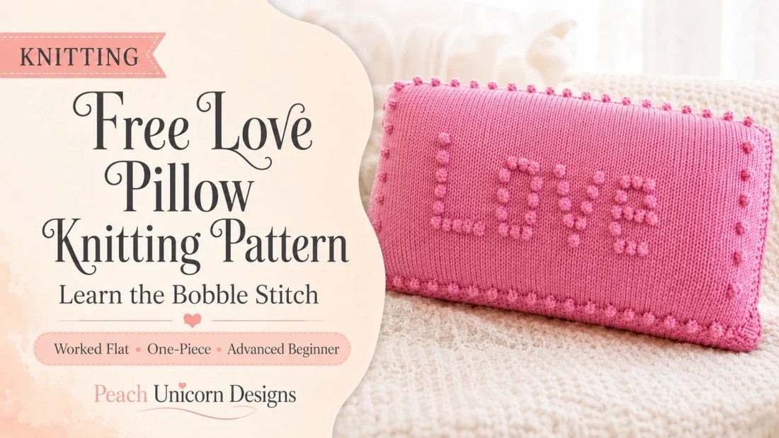 Free Love Pillow knitting pattern featuring pink bobble stitch lettering and border, worked flat as an advanced-beginner practice project.
