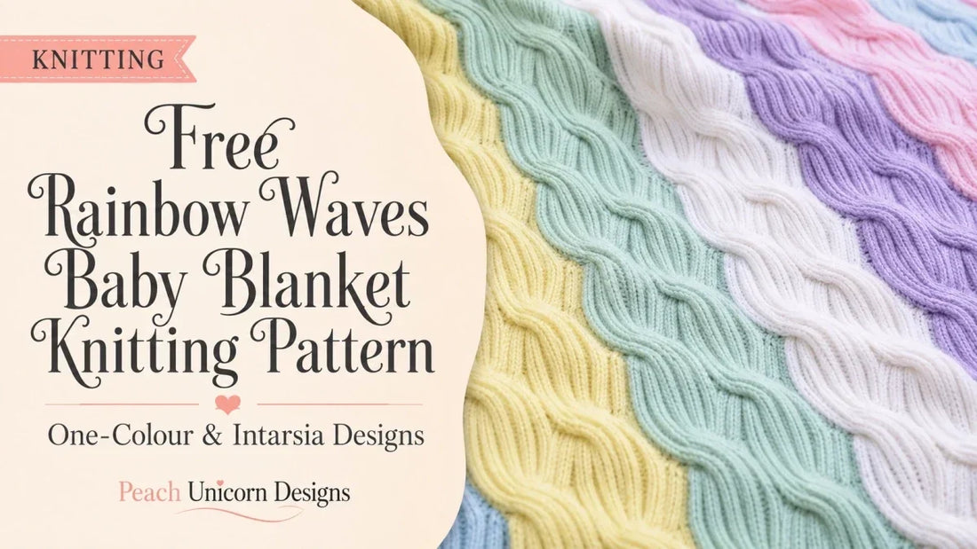 Free Rainbow Waves Baby Blanket knitting pattern featuring broad cable waves in Lemon, Mint, White, Soft Lilac, Pink and Pale Blue.