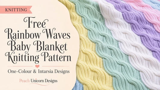 Free Rainbow Waves Baby Blanket knitting pattern featuring broad cable waves in Lemon, Mint, White, Soft Lilac, Pink and Pale Blue.