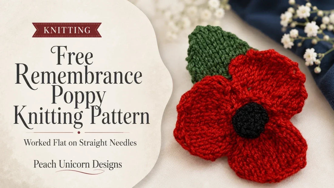 Free remembrance poppy knitting pattern worked flat on straight needles with a three-petal knitted poppy