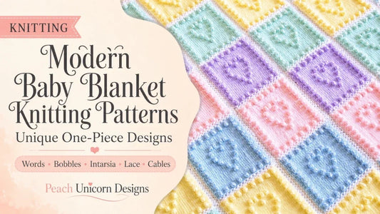 Modern baby blanket knitting patterns featuring the pastel Heart Squares bobble-stitch blanket