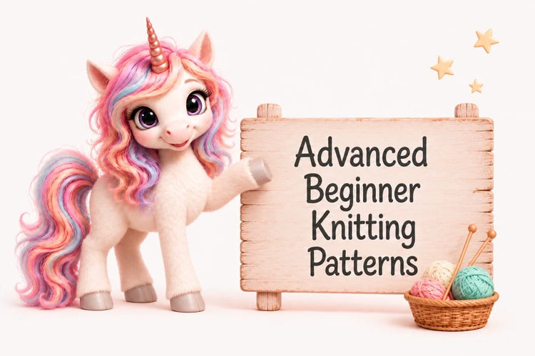 Peach the unicorn presenting an Advanced Beginner Knitting Patterns sign beside pastel yarn and knitting needles