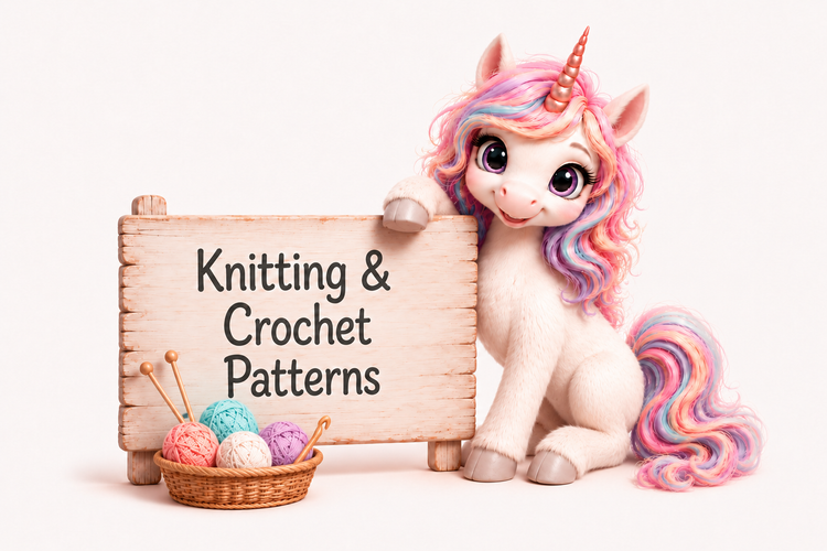 Peach the unicorn beside a Knitting & Crochet Patterns sign with pastel yarn, knitting needles and a crochet hook
