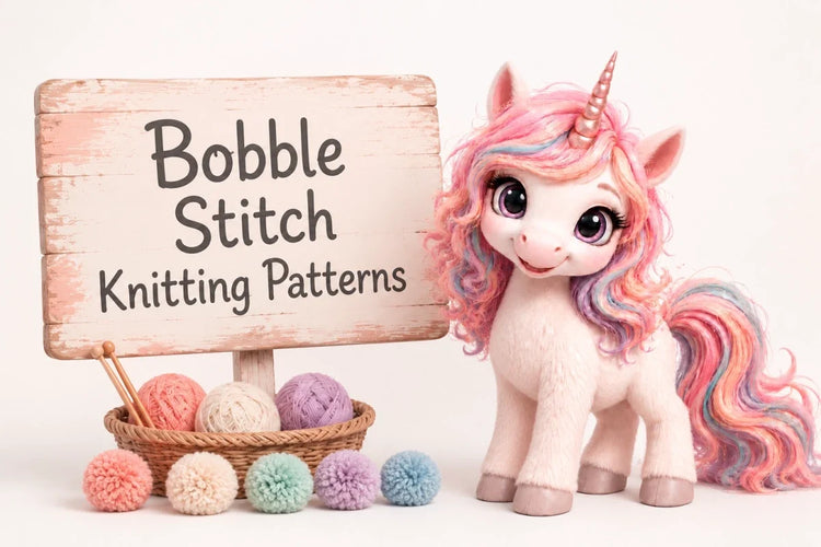 Peach the unicorn beside a Bobble Stitch Knitting Patterns sign with pastel yarn, knitting needles and colourful pom-poms