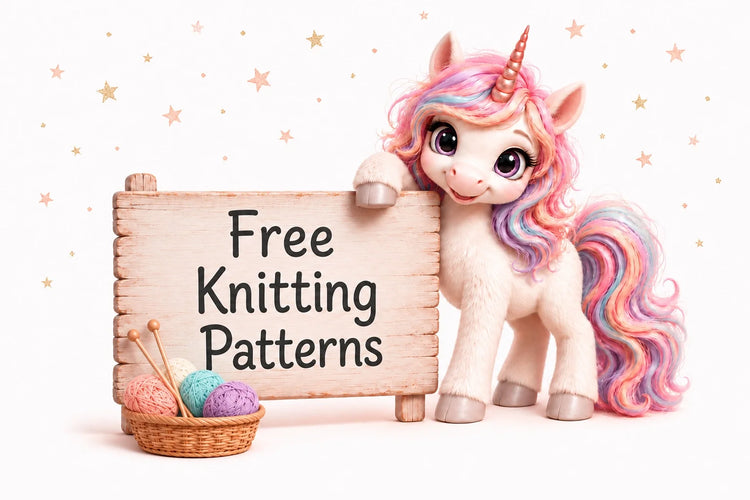 Peach the unicorn beside a Free Knitting Patterns sign with pastel yarn and knitting needles