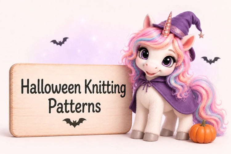 Peach the unicorn dressed as a witch beside a Halloween Knitting Patterns sign, bats and a pumpkin