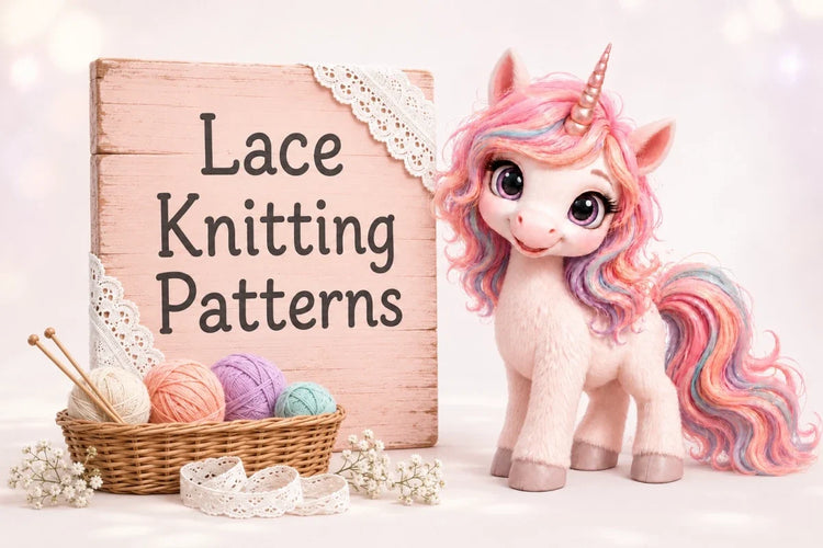 Peach the unicorn beside a Lace Knitting Patterns sign decorated with white lace, pastel yarn and knitting needles