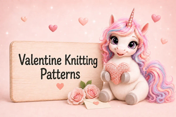 Peach the unicorn holding a knitted heart beside a Valentine Knitting Patterns sign