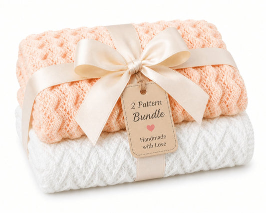 Bundle of two lace baby blanket knitting patterns wrapped with ribbon