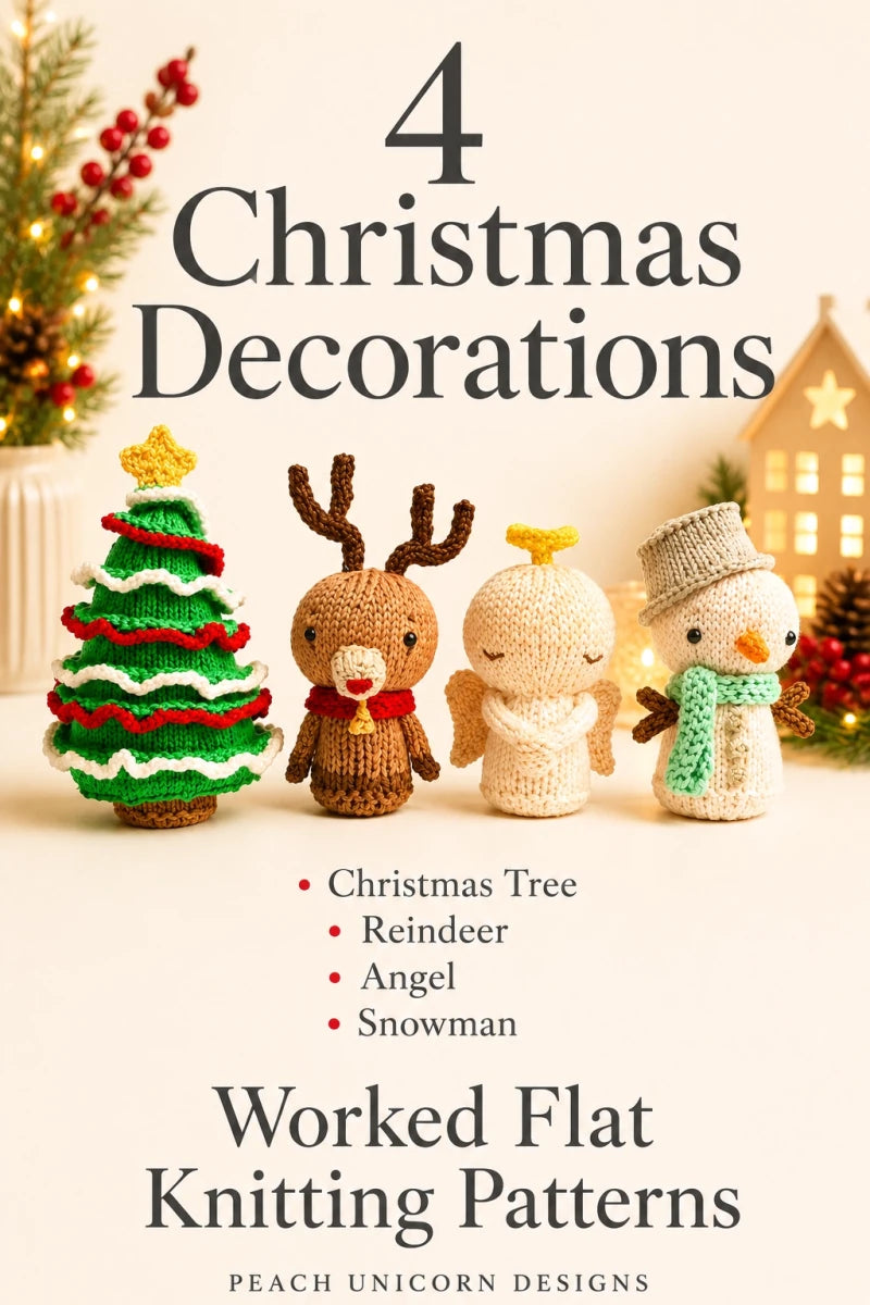Four Christmas decoration knitting patterns including Christmas tree, reindeer, angel and snowman worked flat on straight needles.