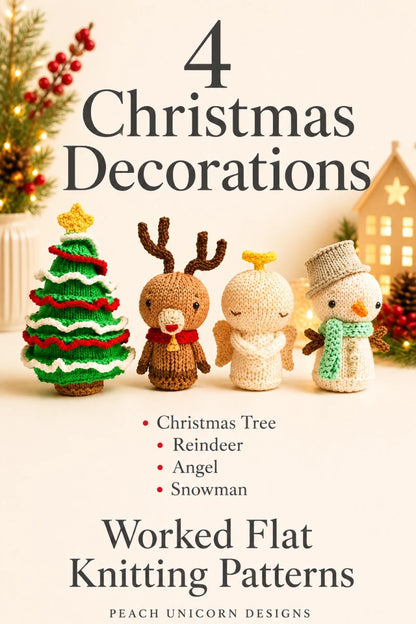 Four Christmas decoration knitting patterns including Christmas tree, reindeer, angel and snowman worked flat on straight needles.