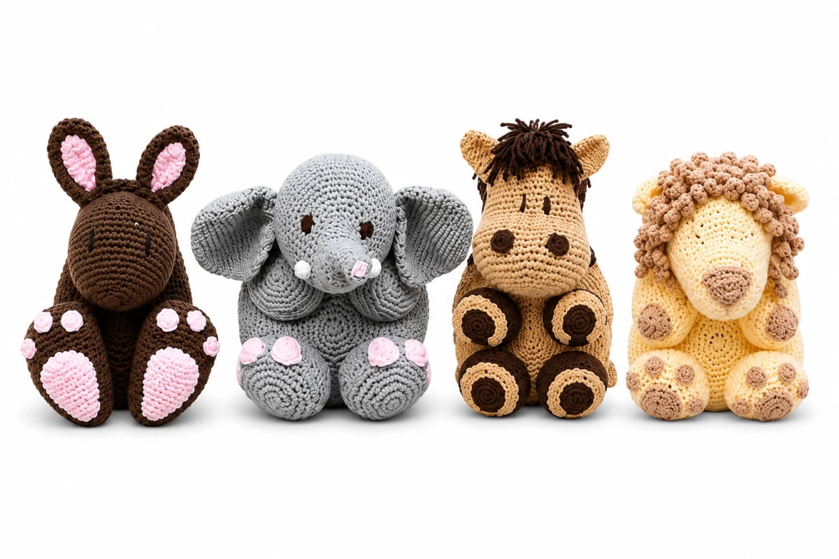 4 Toddler's Animal Backpacks crochet pattern bundle including bunny, elephant, horse and lion backpack designs