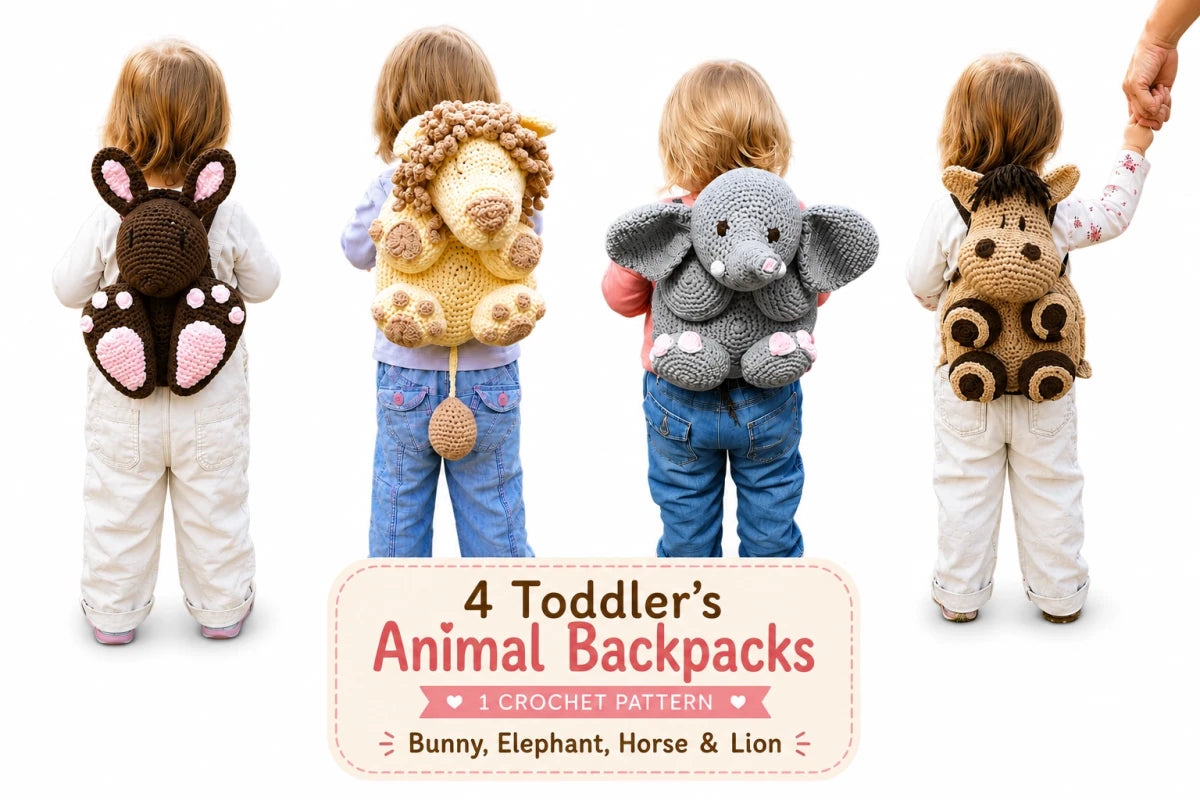 4 Toddler's Animal Backpacks crochet pattern bundle including bunny, elephant, horse and lion backpack designs worn by toddlers