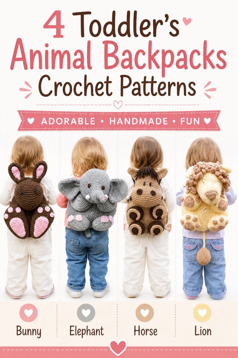 4 Toddler's Animal Backpacks crochet patterns including bunny, elephant, horse and lion backpack designs for children