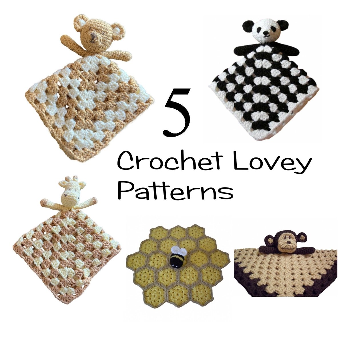 5 Lovey CROCHET Patterns Bears, Giraffe, Monkey and Bee