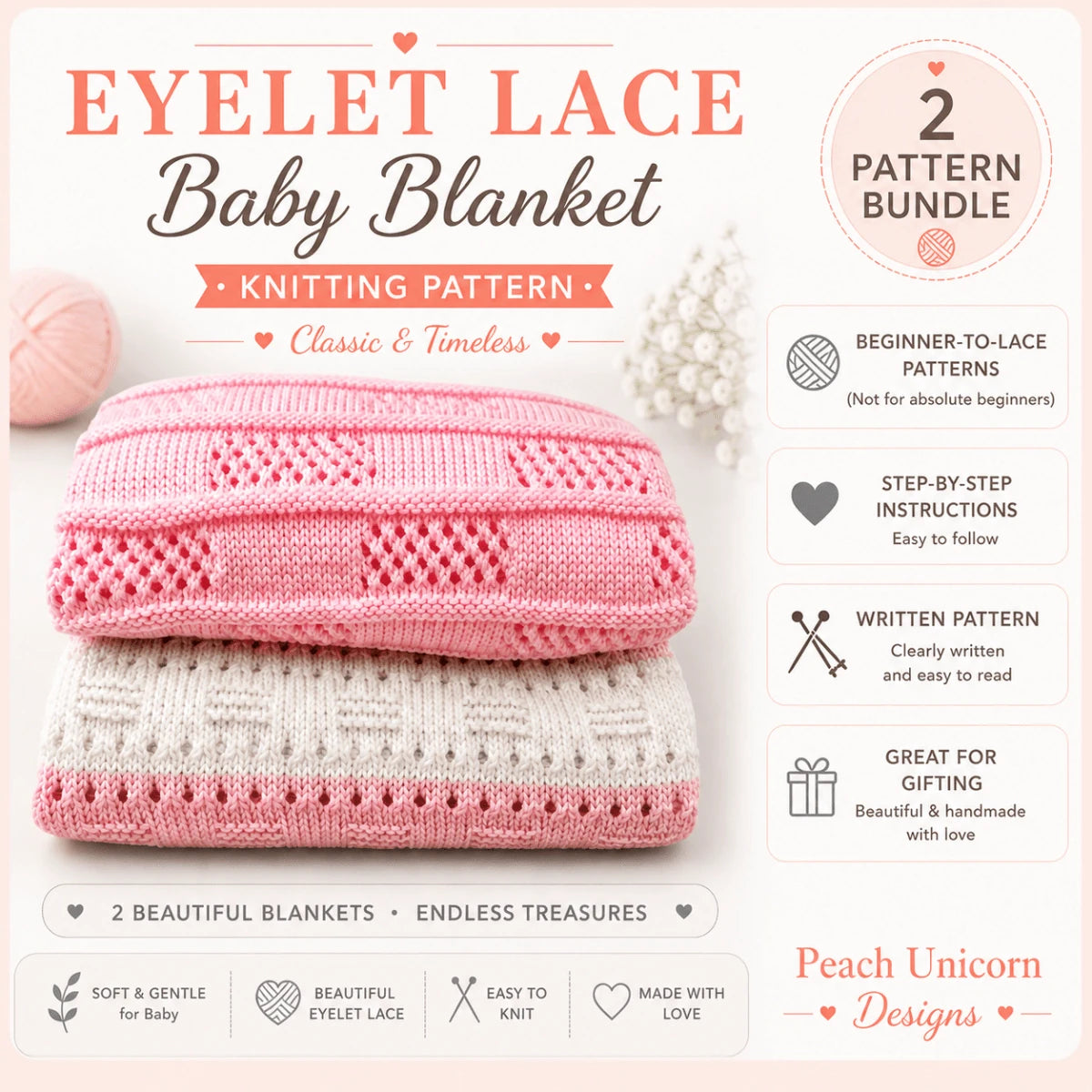 Pinterest promotional image for a 2 pattern baby blanket knitting bundle featuring folded pink and cream eyelet lace baby blankets with beginner-to-lace knitting patterns in a soft pastel nursery style layout by Peach Unicorn Designs