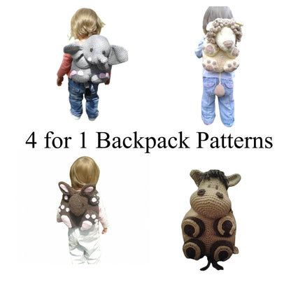 4 Toddler Backpack Crochet Patterns - Elephant, Bunny, Horse and Lion