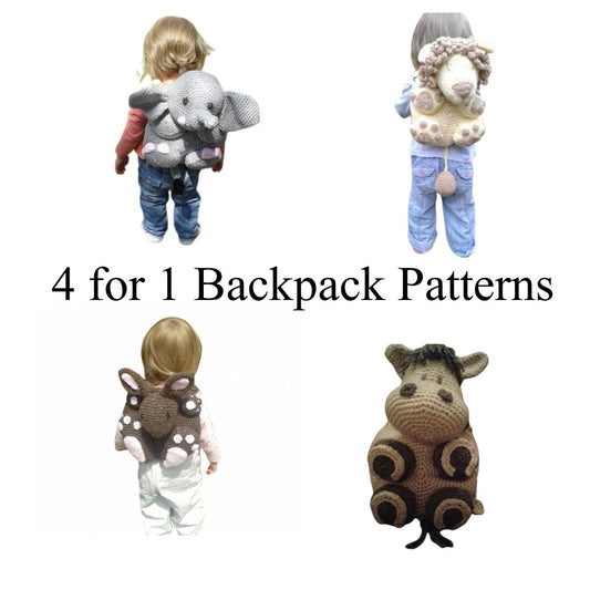 4 Toddler Backpack Crochet Patterns - Elephant, Bunny, Horse and Lion